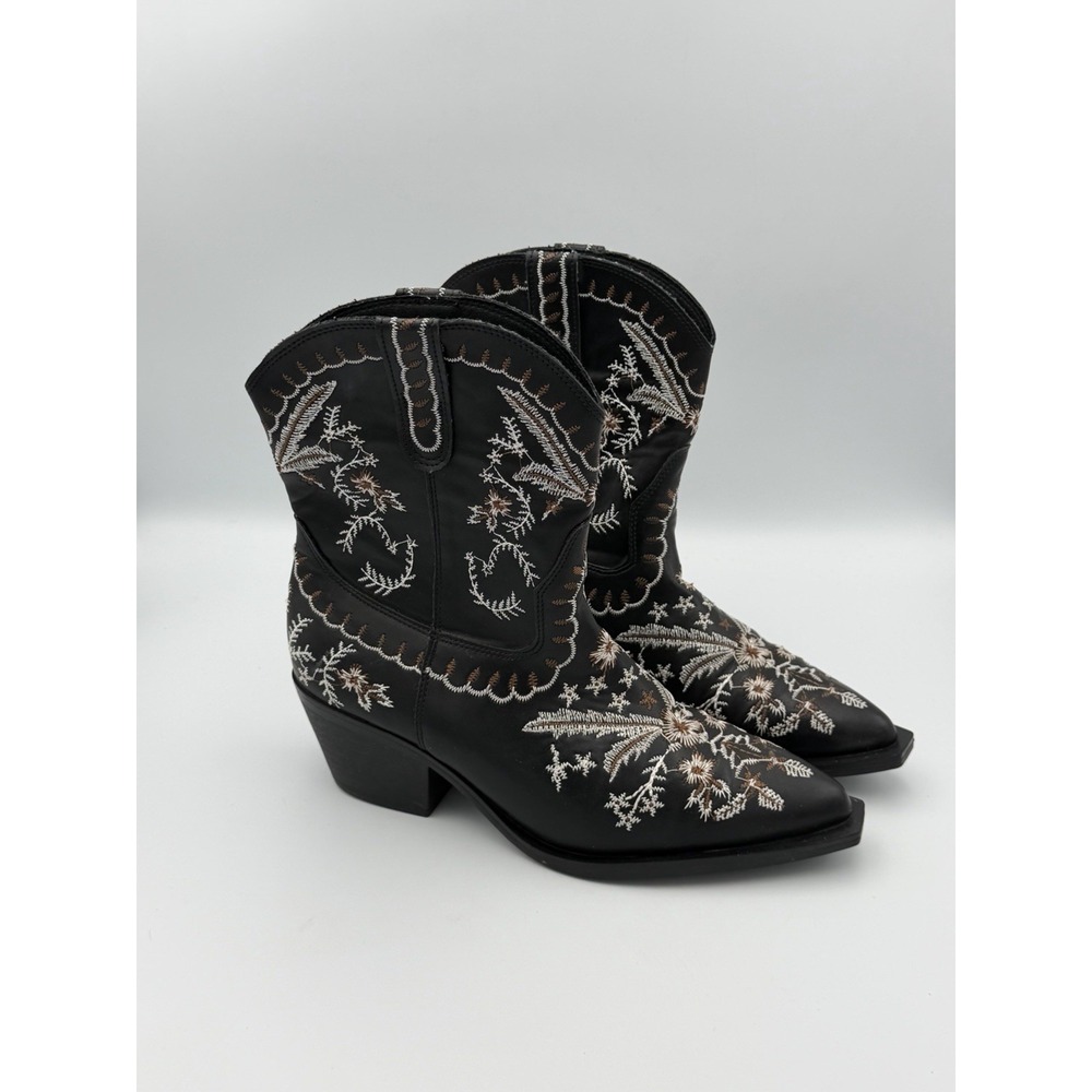 Style Loop Black Embroidered Western Ankle Boots EU 38 US 7-7.5